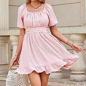 Summer Sun Dresses Tied Back Puff Sleeve Square Neck Casual A-line Dress